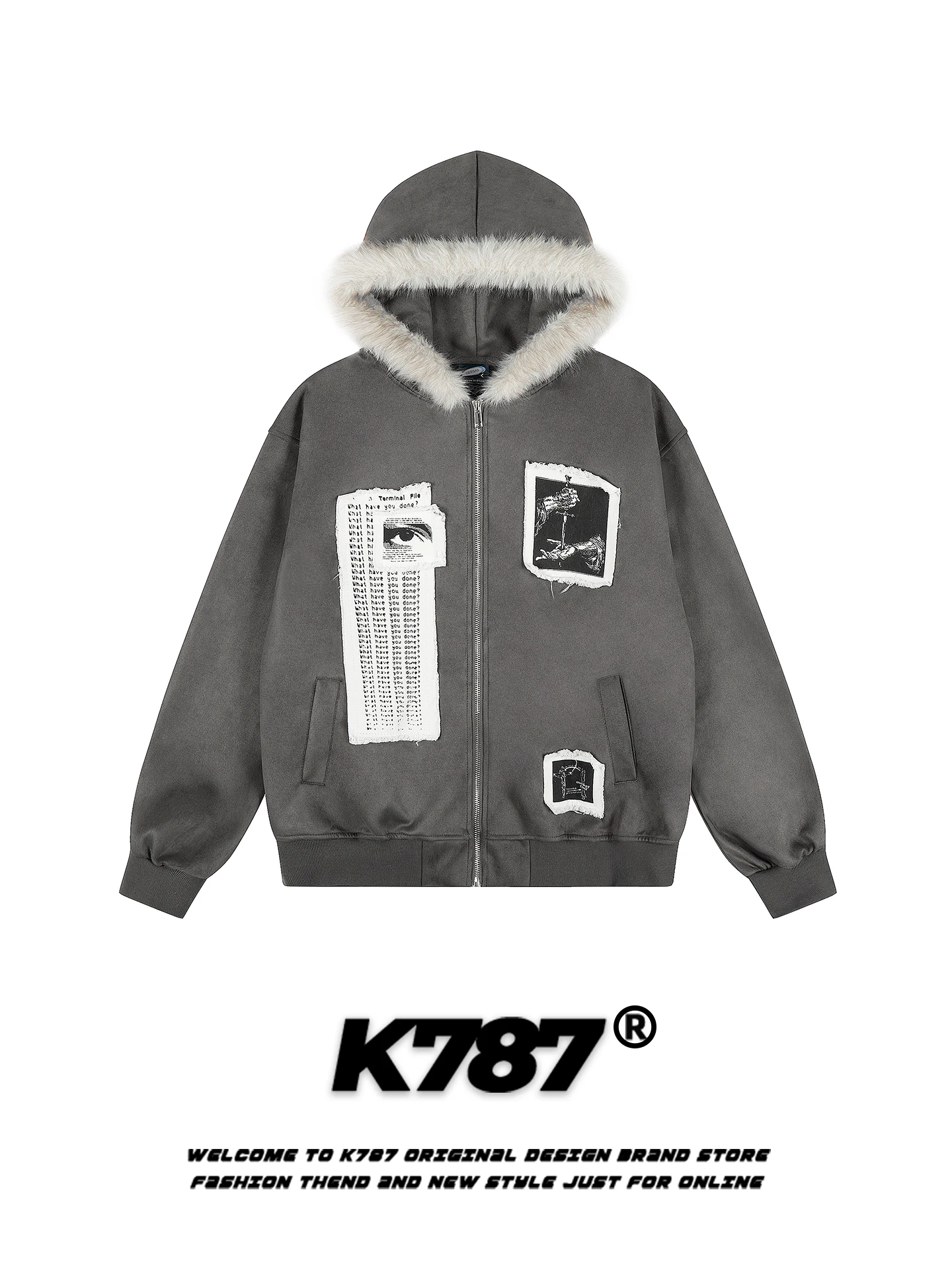 

K787 American Retro Suede Patchwork Embroidered Fur Collar Jacket Loose Casual Trendy Brand Couple Hooded Outerwear