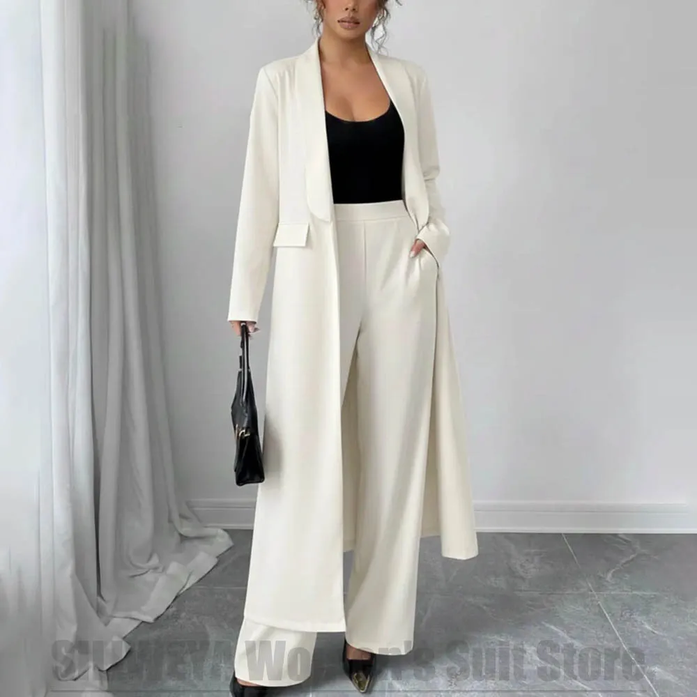 Fashion Women's Suit Set 2 Piece Long Open Front Blazer Coat and Wide Leg Pants Elegant Casual Formal Party Daily Office Suits