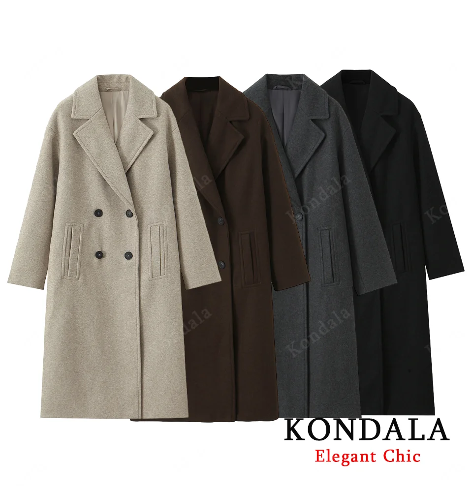 KONDALA Frauen Herbst Winter Elegante Mischung Lange Mantel Revers Zweireiher Warme Mantel 2025, Mode Herbst High Street Dame Mantel