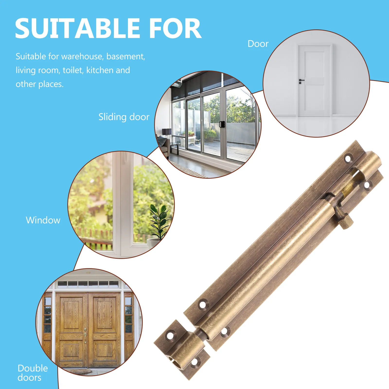 Copper Slide Gate Bolt Lock for Wooden Doors, Villa Security Barrel Latch for Home Windows and Exterior Doors