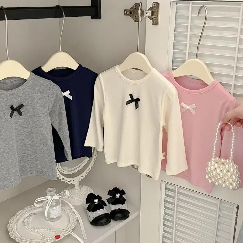 

2025 Autumn New Children Long Sleeve T Shirts Cute Girls Bow Tops Cotton Baby Shirts Toddler Casual T Shirts Kids Clothes
