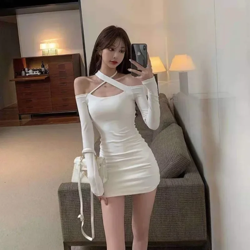 

Summer New Sexy Club Off Shoulder Halter Mini Dress Women Elegant Backless Korean Party Wrap Hip Short Dresses Y2k Bodycon Robe