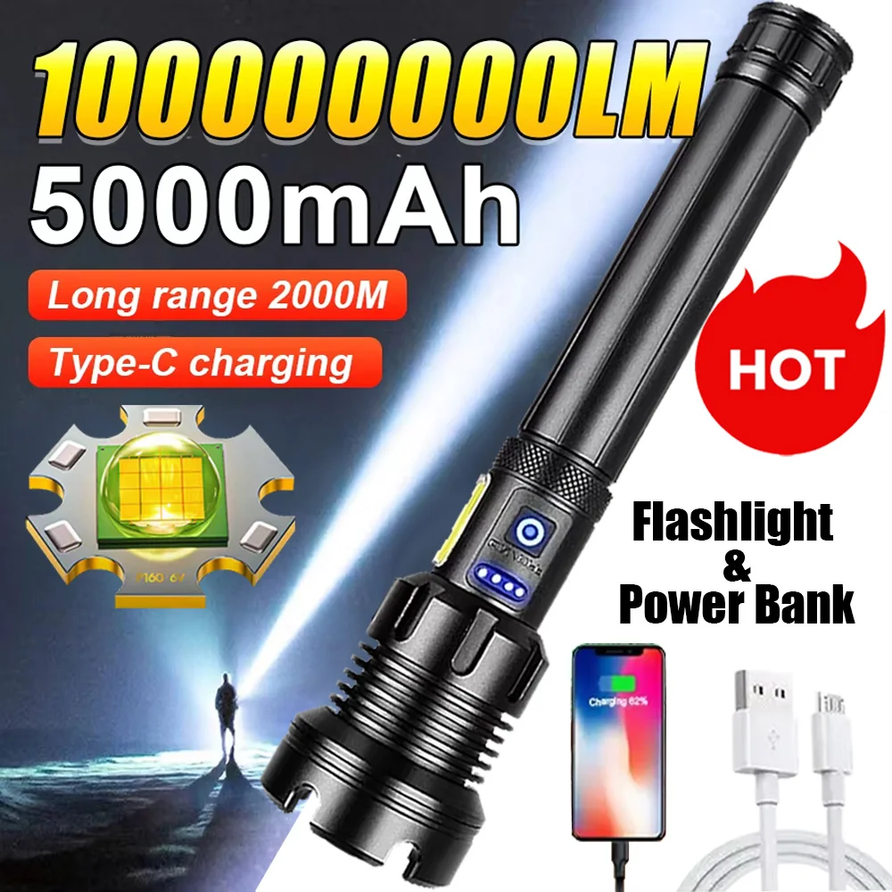 

10000000LM Ultra Powerful Flashlight Zoom 2000M Long Range Torch High Power Led Flashlights Rechargeable Strong Tactical Lantern