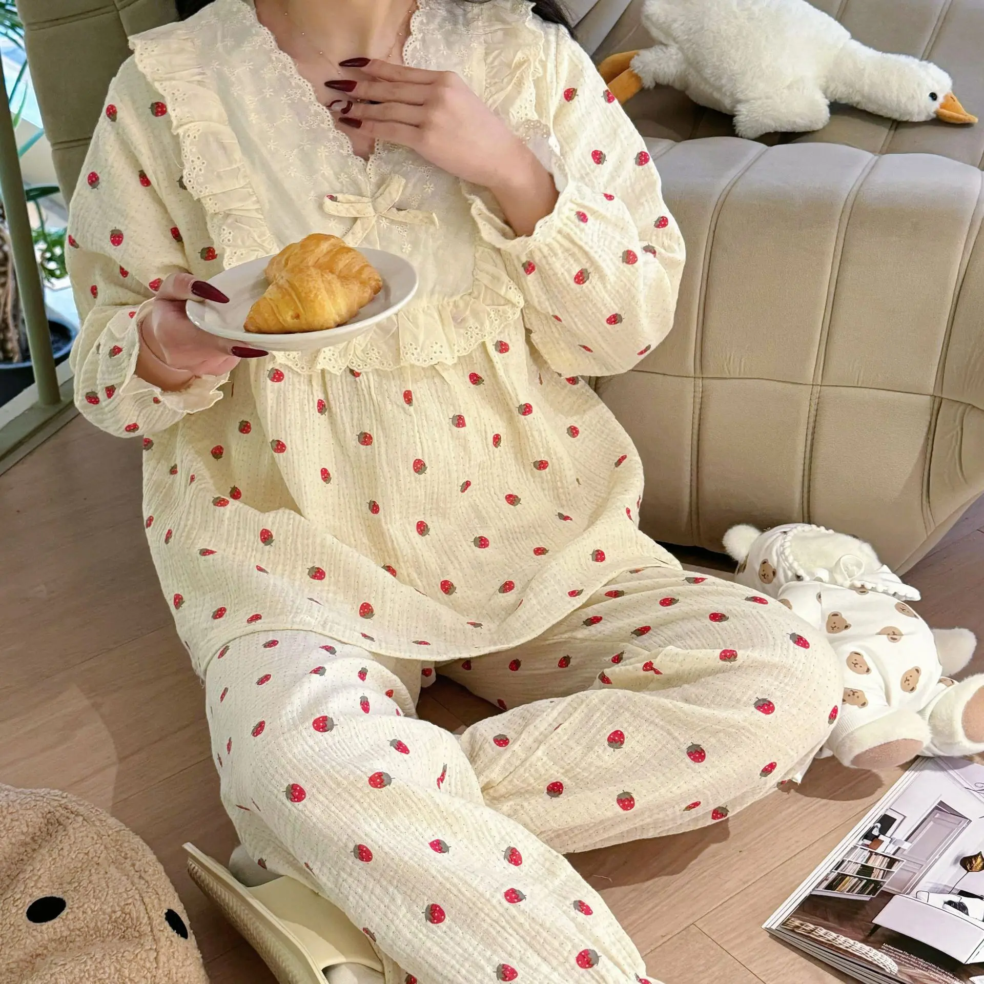 

Новинка 2023 года, осенне-зимние женские пижамы, брюки с длинными рукавами, комплект из 2 предметов, 100% хлопок, домашняя одежда с цветочным принтом, женские пижамы