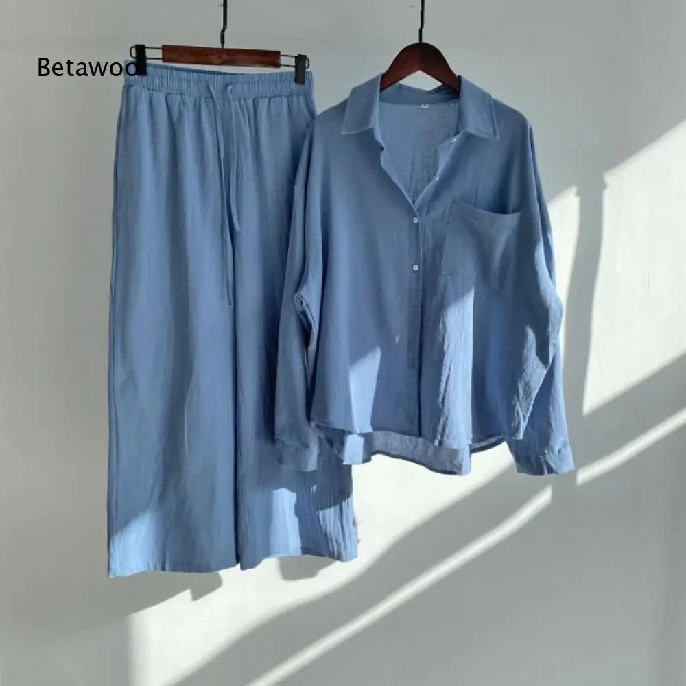 Light Pink Textured Linen Matching Suit Ladies Lapel Pocket Shirt Drawstring Loose Wide Leg Pants Soft Daily Set