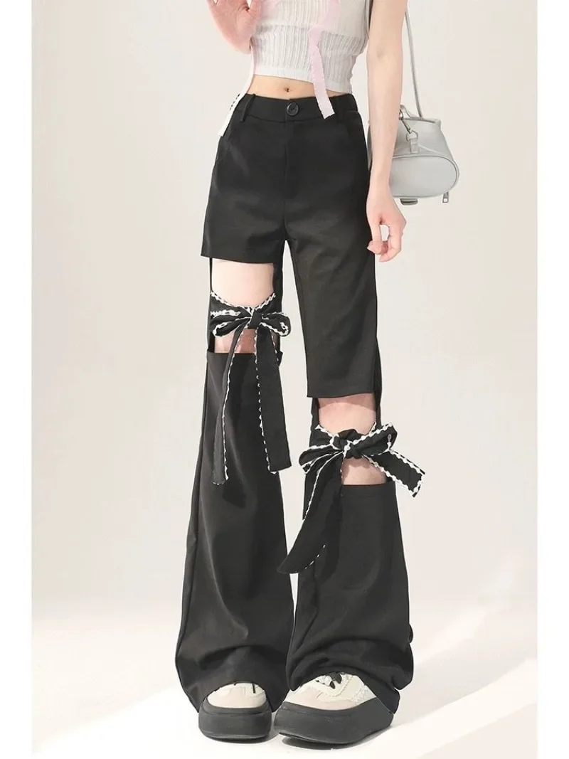 Kawaii Bow Black Hollow Out Loose Summer Pants Women American Wide Leg Sweet Preppy Style Y2k Flare Pant Hole Ankle Length