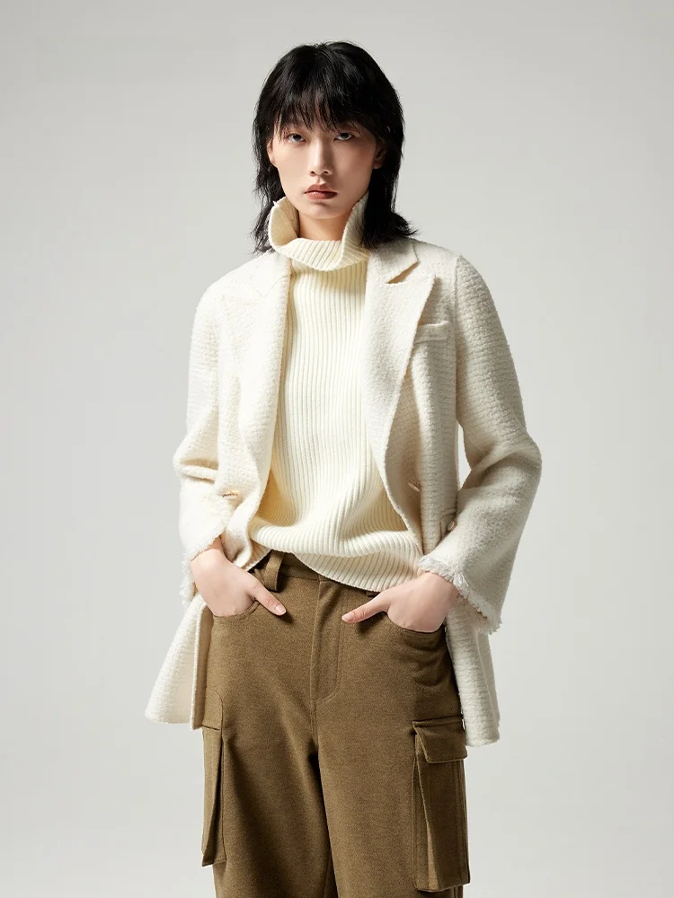 

XMOOM Зимнее новое шерстяное пальто с двойным рядом пуговиц, простой однотонный дизайн, для офиса, с отложным воротником, длинный рукав, приталенный крой