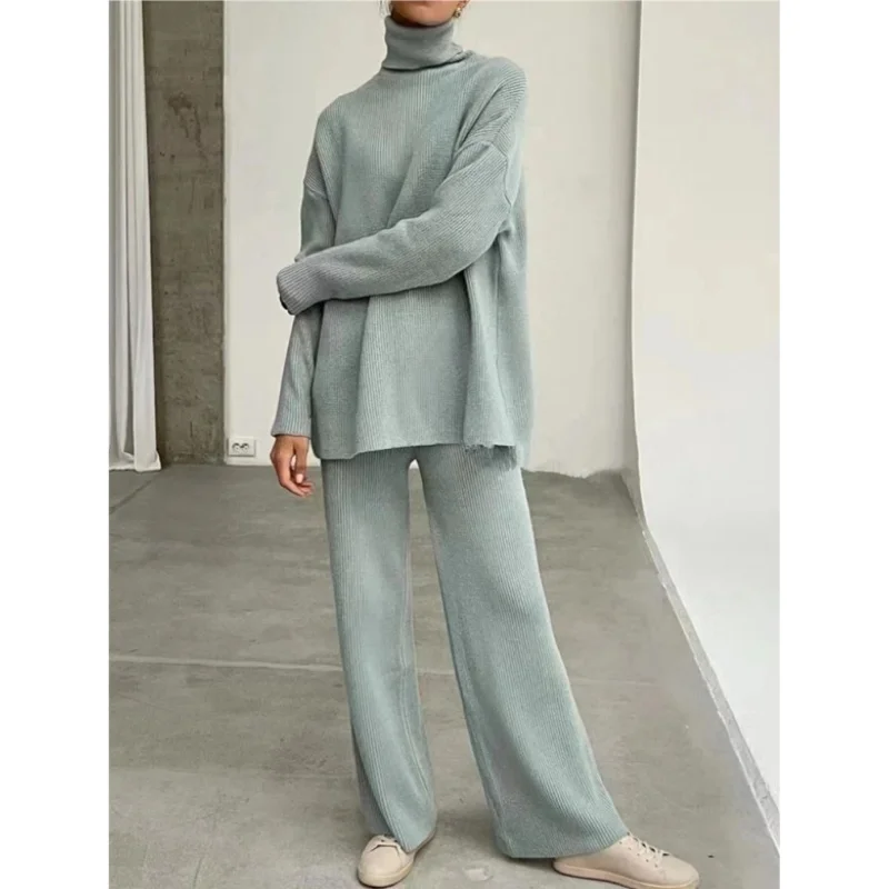 

REALEFT осенне-зимние комплекты женских брюк из 2 предметов, вязаный спортивный костюм, свитер с высоким воротником и широкие спортивные штаны, пуловер, костюм