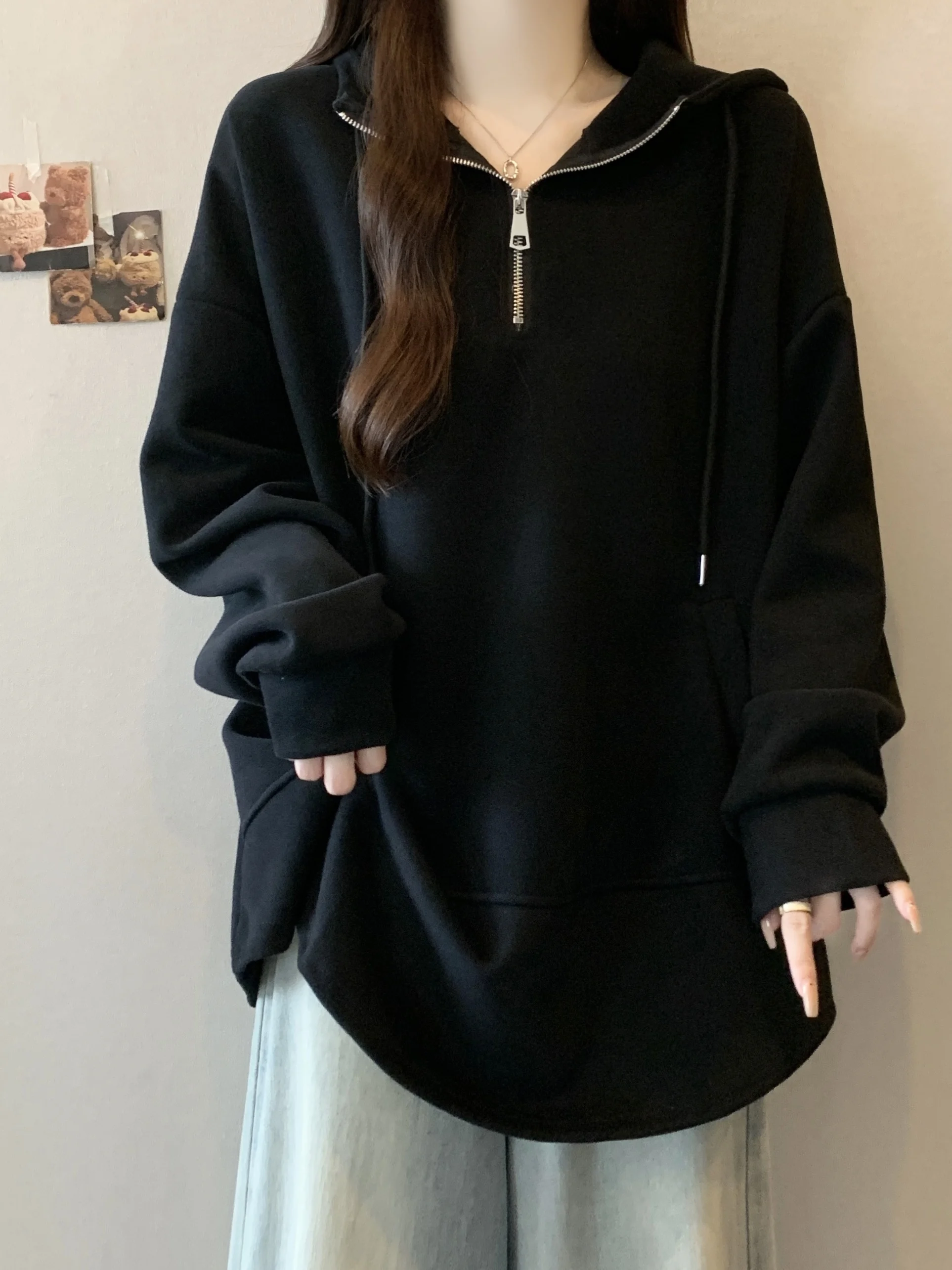 

plus Size Hoodie Women's Loose Fit Long Sve Zipper Casual Sle Autumn Winter Faionable Top Butt Covering Sweatirt