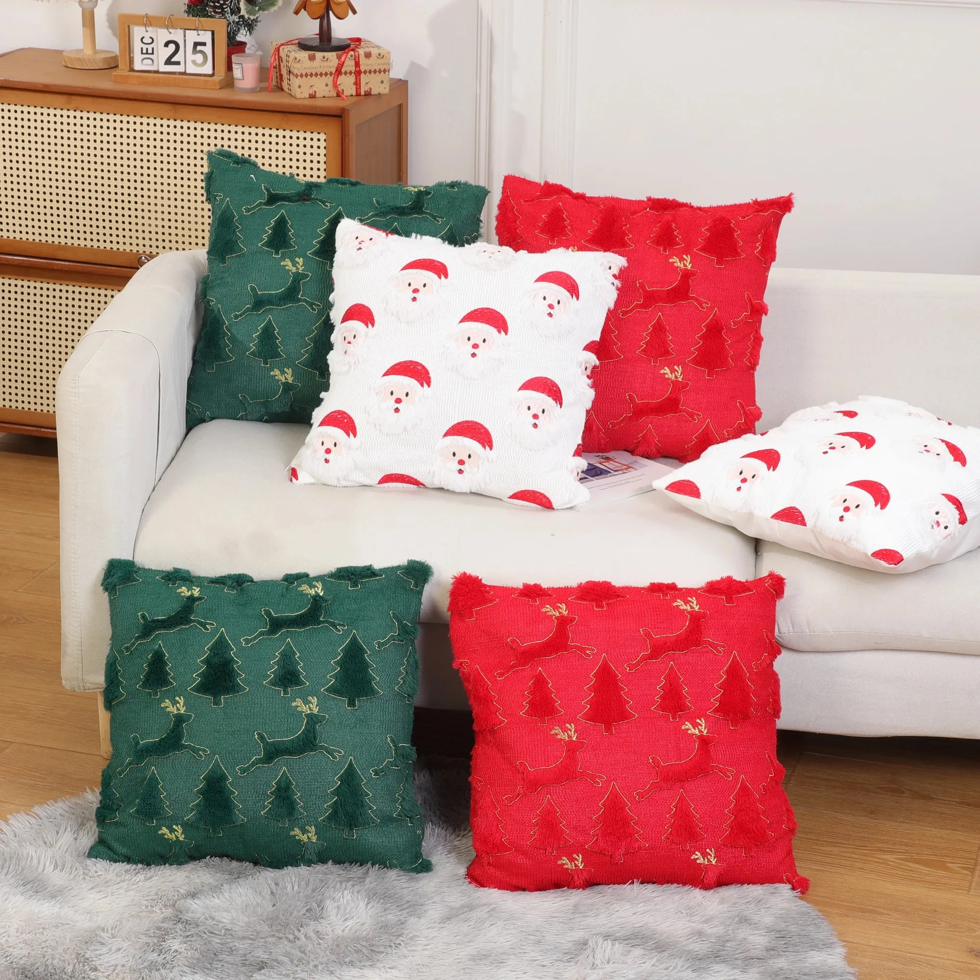 Weihnachts-Kissenbezüge, weiß bestickt, dekorativ, weiches Dekokissen, Plüsch, Kunstpelz, Wolle, Couch-Kissenbezug für Zuhause