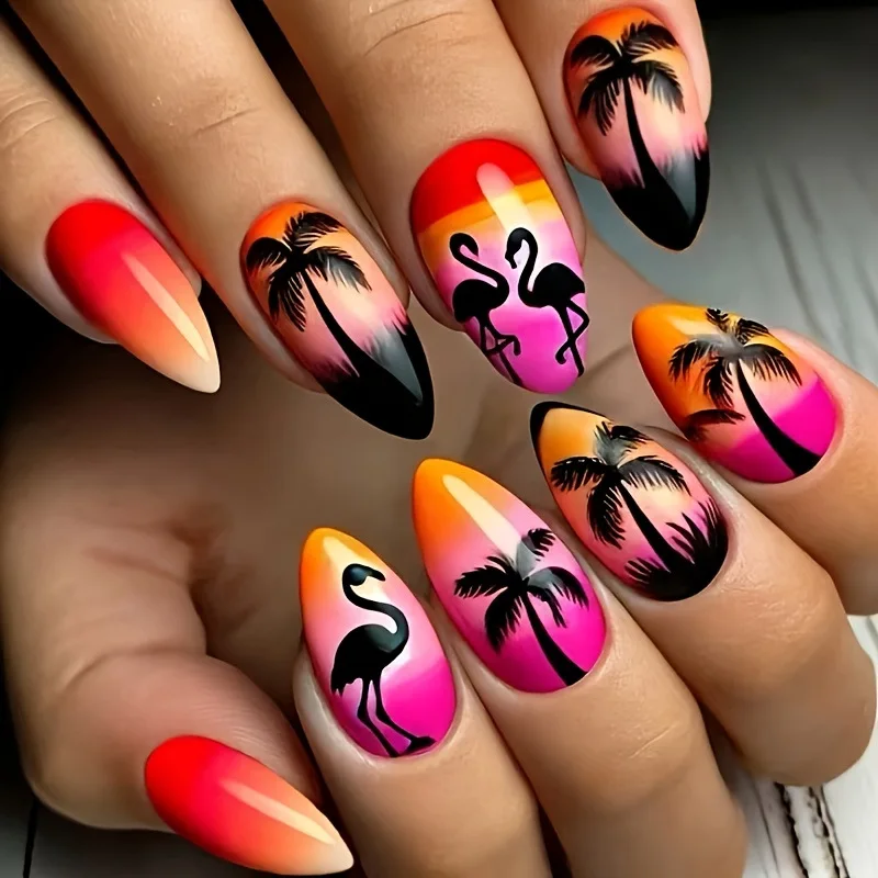 Faux ongles moyens pour femmes et filles, dégradé de fleurs bleues violettes, papillon, flamant rose, pointes carrées en amande, presses sur faux nail art