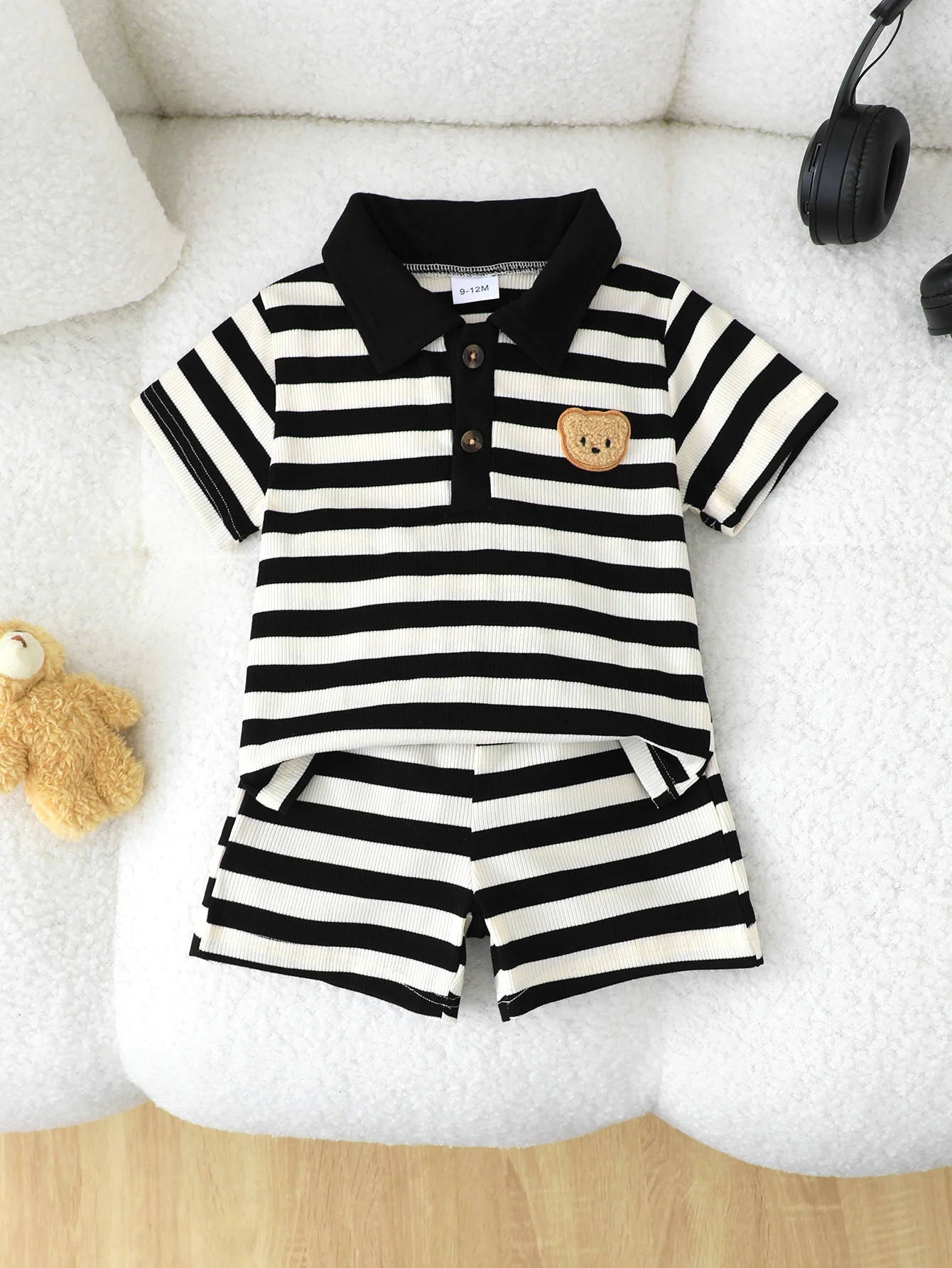 0-3Y Summer male baby 2PCS little bear decoration fashion set lapel striped short sleeved top+casual shorts children's clothing