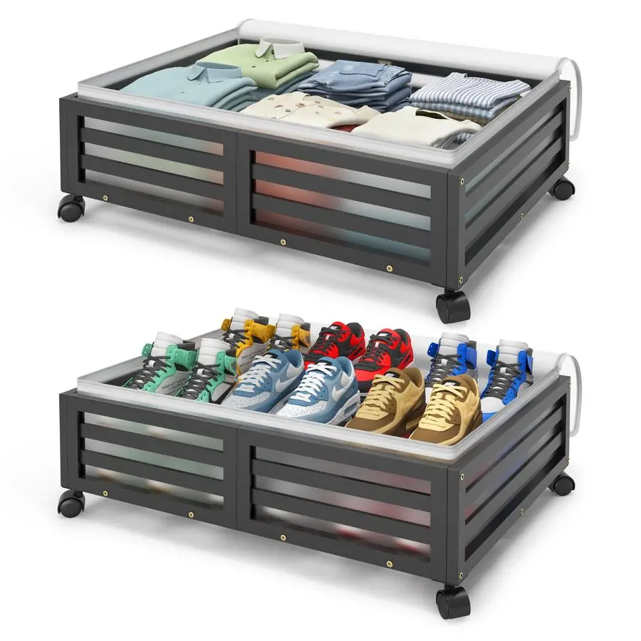 

Bed Storage with WheelsLarge Bamboo Underbed storage Containers with Large Dust Bag Stackable Under the Bed Shoe Storage Bins fo