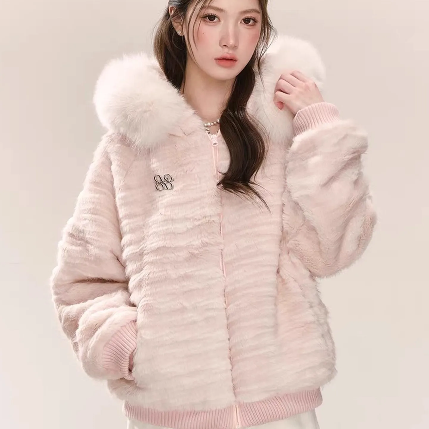 

Korean Sle Sweet Pink Plu Jaet Women's Winter Small Size Thiened Eco-friendly Fur Collar Hooded Top Cotton Coat