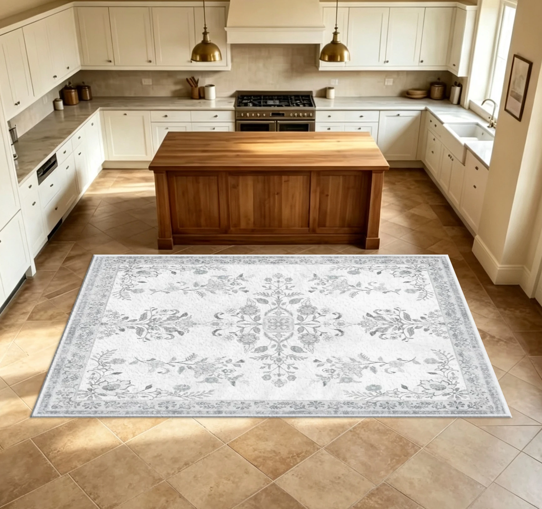 Faded Light Gray Floral Pattern Carpet, Vintage Oriental Style Border Floral Print Rug, Soft Washable Home Carpet