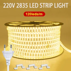 Impermeável LED Strip Light com Plug UE, Fita Flexível, Iluminação, Casa, Cozinha, Ao Ar Livre, Jardim, Decoração, 220V, 120LEDs