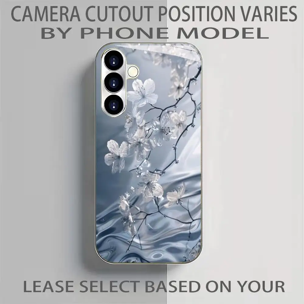 Electroplated silver glass phone cases for Samsung Galaxy S26/S25/S24/S23/S22 Ultra Plus/FE featuring ice crystal flower pattern