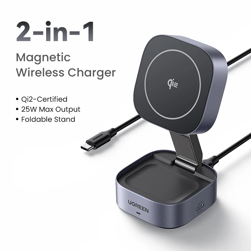 UGREEN Qi2.2 25W 15W 2-in-1 Magnetische Draadloze Oplaadstandaard Snellaadstandaard Oplader voor iPhone 16 17/AirPods Magflow Oplader - afbeelding 1