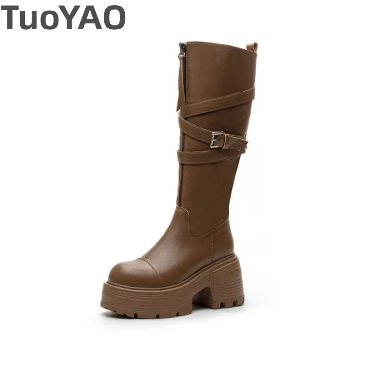 

9cm New Microfiber Leather Women Fashion Autumn Knee High Boots Casual Ankle Booties Chunky Sneaker Spring Platform Shoes