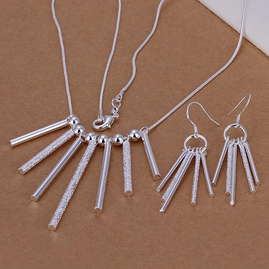 

925 Silver Charms Jewelry Wedding Retro Seven Column Necklace Women Lady Drop Earrings Fashion Set