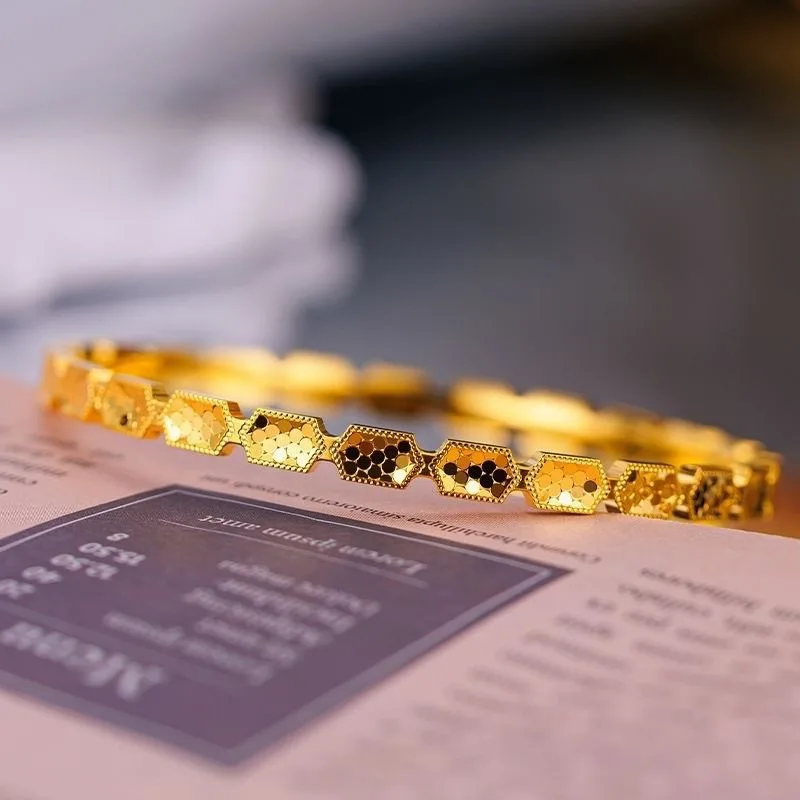 9999 24K Real Gold Honeycomb Broken Ice Dragon Scale Bracelet Women's Light Luxury High-end Solid Bracelet