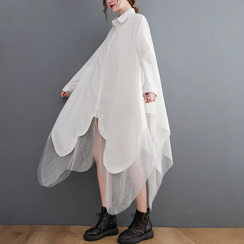 Versão coreana tamanho grande solto falso duas peças vestido feminino novo grande balanço irregular emenda dupla camada gaze camisa vestido