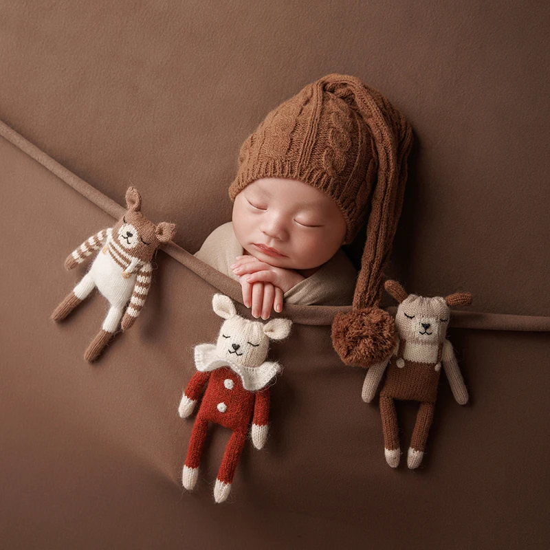 Cute Theme Baby Photography Props Newborn Photo Knitted Animal Dolls Combination Boys And Girls Photo Hat Head Flower Accessorie