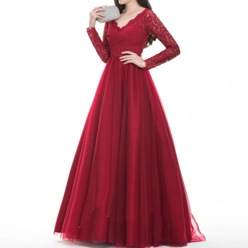 Maxivestidos formales rojos de encaje Floral para mujer, manga larga, elegante cuello en V, tul, fiesta de noche, vestido de dama de honor para invitados de boda