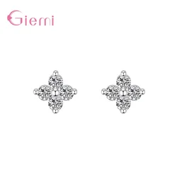 100% Real 925 Sterling Silver Clover Stud Earrings Bright Zircon Earrings For Women Girl Fashion Trendy Jewelry
