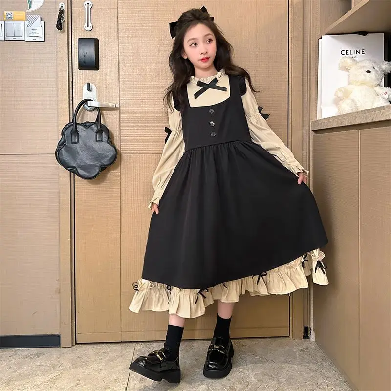 Teen Girls Dress Spring Autumn New Kids Party Clothes Children Stylish Bow Long Sleeve Splicing Ruffle Hem Princess Dressess