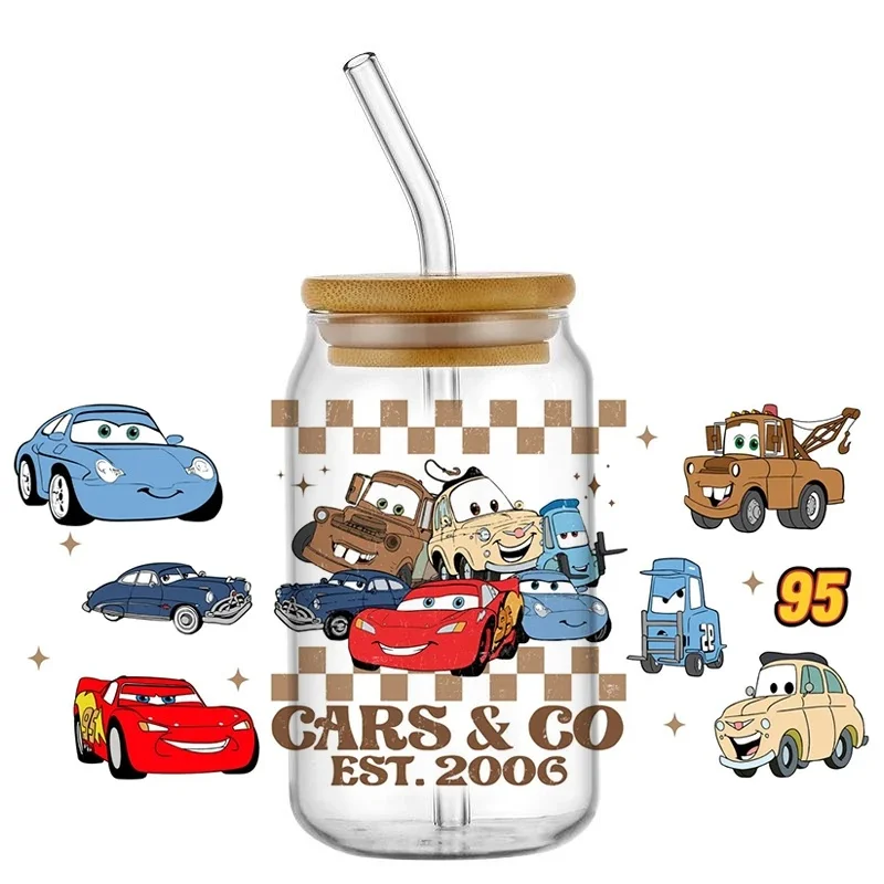 Cute Retro Cartoon Race Car Pattern UV DTF Waterproof Transfer Decals Stickers For 16oz Glass Tumbler Cup Wrap DIY Decor