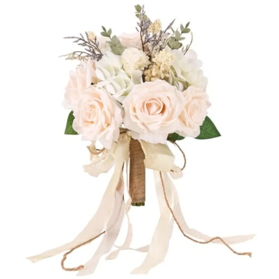 

Wedding Bouquets for Bride Bridesmaid, White Champagne Artificial Roses Flowers Wedding Decoration 10in