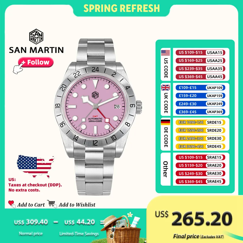 

San Martin 39mm Luxury Couple Watches NH34 GMT 316L Stainless Steel Automatic Mechanical Men Watch Gift for boyfriend Sapphire