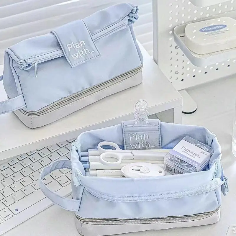 Creative Foldable Double-layer Pencil Case Student Minimalist Large Capacity Pencil Bags Portable Multi-function Storage Bag