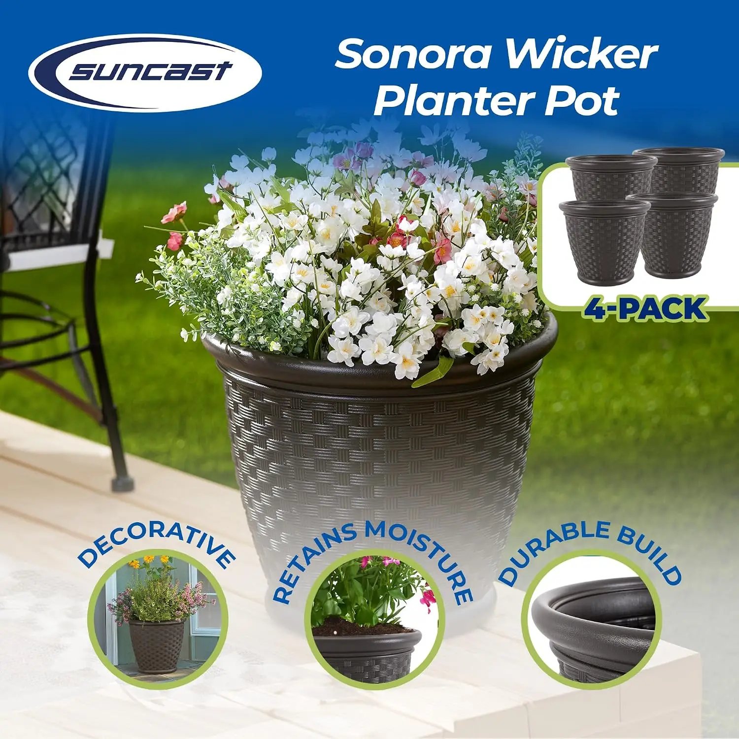 Suncast 4 Pack Sonora 18 Inch Lightweight Durable Plastic Wicker Decorative Flower Planter Pot for Yard, Garden, Indoor or Outdo