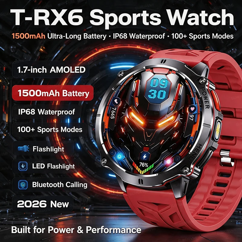 New T-RX6 Ultra Military 1500mAh Battery Smart Watch Compass IP68 Waterproof LED Flashlight Bluetooth Call Outdoor Sports Watch
