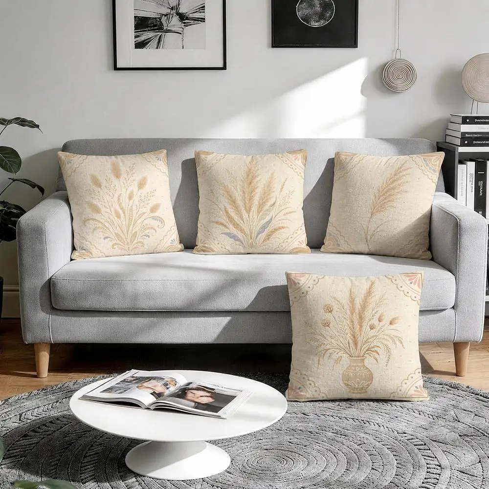 Pampas Botanical Grass Nordic Sea Beach Cushion Cover Natural Breathable Durable Linen Printed Decor Pillow Case Sofa Bedroom