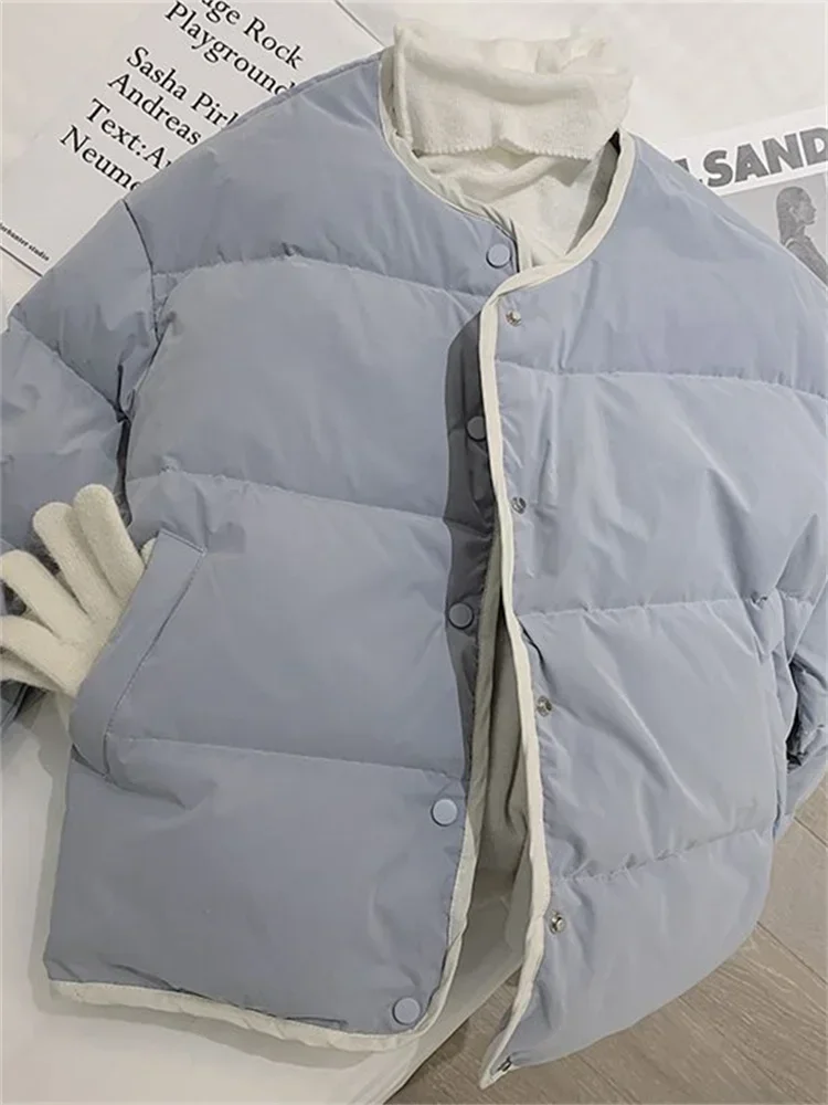 Abrigos coreanos para mujer, chaquetas acolchadas holgadas, Parkas básicas de cuello redondo, abrigos gruesos recortados, prendas de vestir cálidas, Casaco femenino