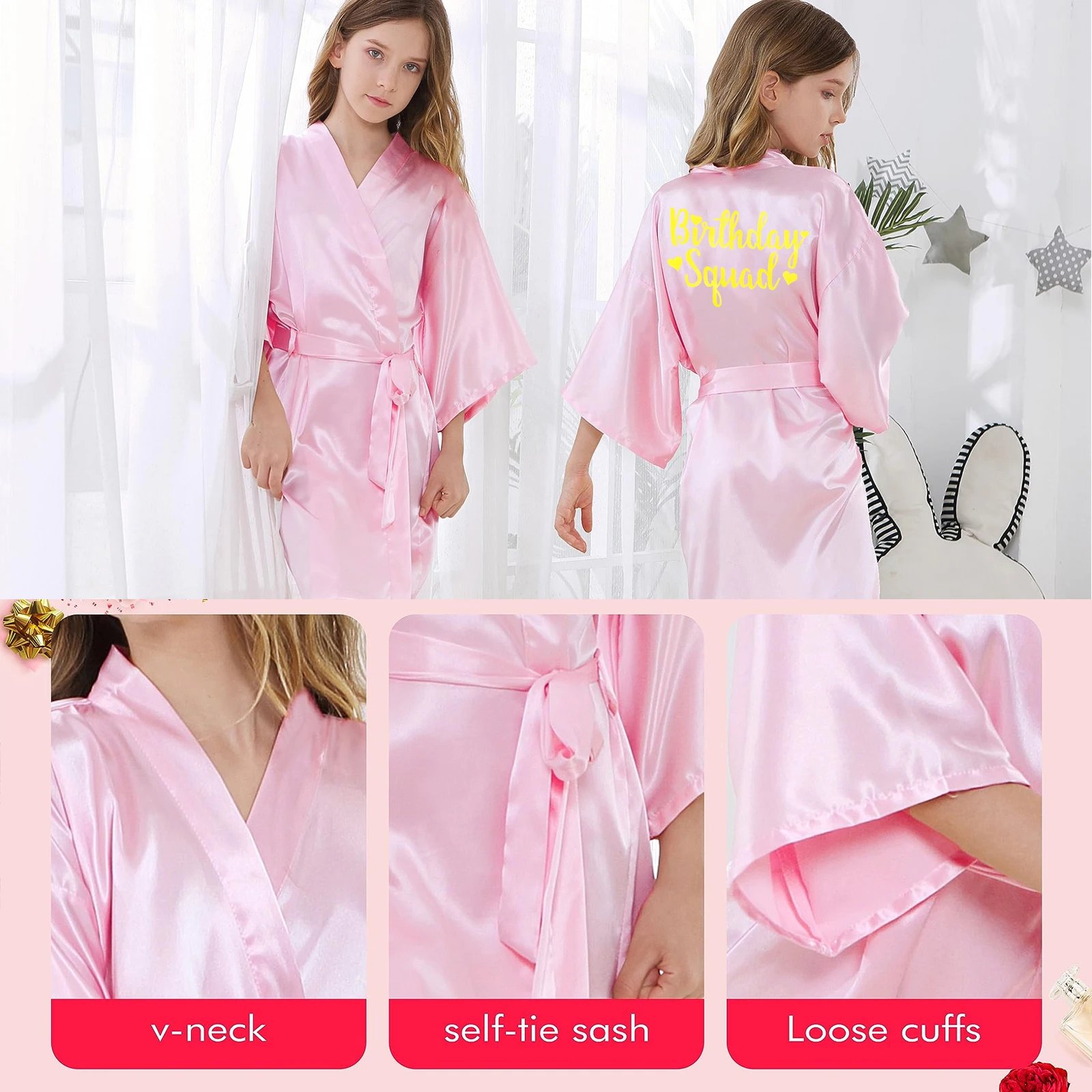 6-12Pcs Spa Girls Party Birthday Squad Robes Girl Kimono Spa Robe Pajama Party Favors Soft Satin Bathrobe for Kid Birthday Decor