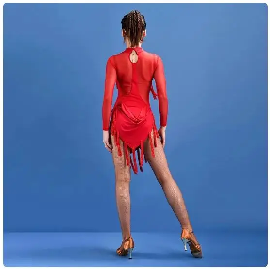 Red ballroom competition Practice wear Latin dance dress see through long sleeve bodysuit costumes for women tassel colthing