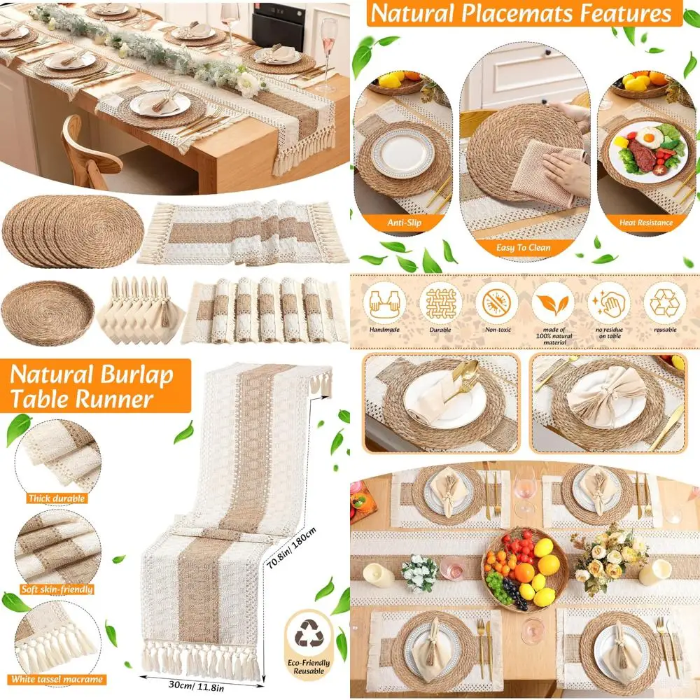 

Bohemian Style Placemats Set: 6 Round Woven, Rectangular, Wooden Bead Napkin Rings, Cloth Napkins, Long Table Runner and Storage