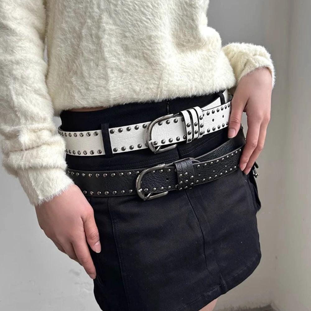 Vintage Women Rivet Belt Y2k Women Retro Hip Hop Punk Belts Luxury Belt Double Row Hole Strap Casual Jeans Female Waist Belt Men