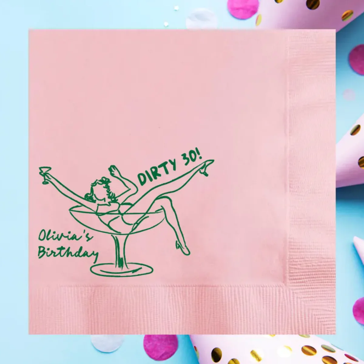 Dirty 30! Girl in Martini Glass Personalized Dirty Thirty Birthday Napkins, Custom 30th Party Cocktail Paper Napkin, She's A Tin