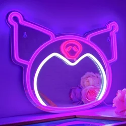 Sanrio Kuromi Cartoon Mirror Neon Bedroom Kuromi Makeup Mirror Decorative Light Acrylic Mirror Girl Gift Night Lights Wall Decor
