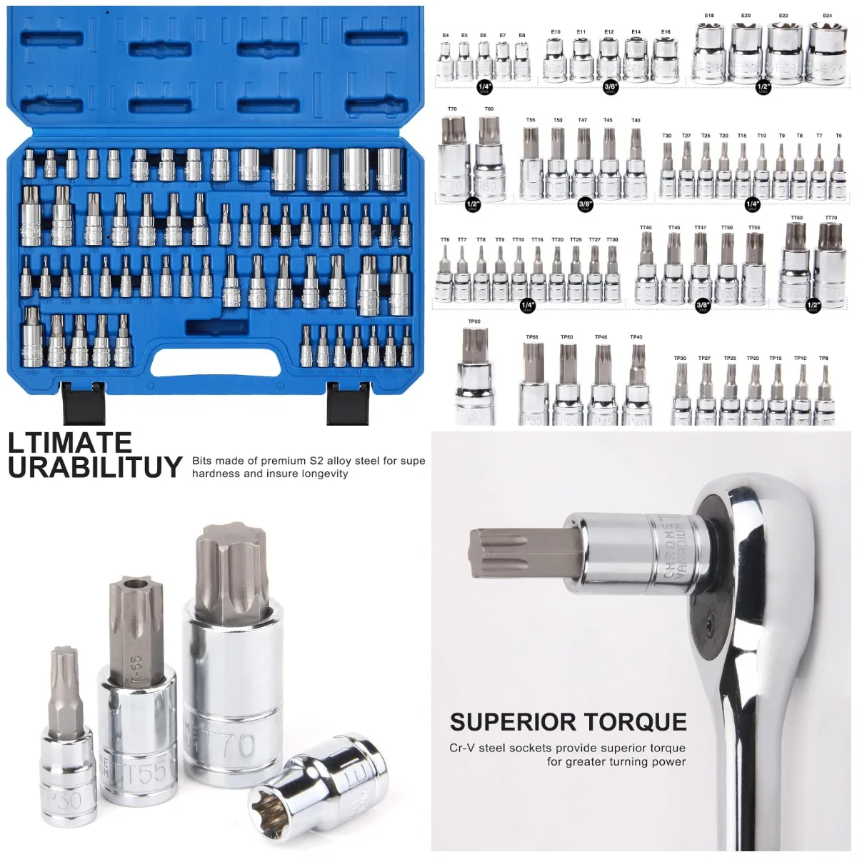 

Набор головок Master Torx и внешних головок Torx, набор из 60 предметов, S2 и Cr-V Steel, E4-E24, T6-T70, TT6-TT70, TP8-TP60