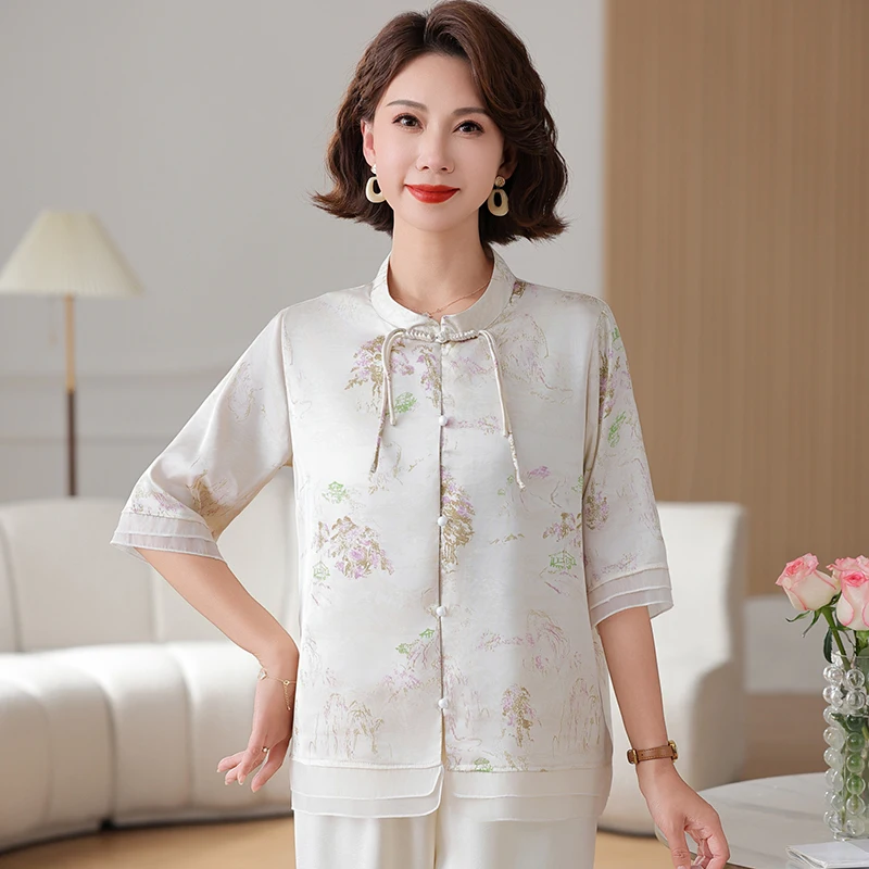 

New Summer Fashion Mommy Style Shirt Short Sleeve Chiffon Top for Middle-Aged And Elderly Women Traditional Chinese Design
