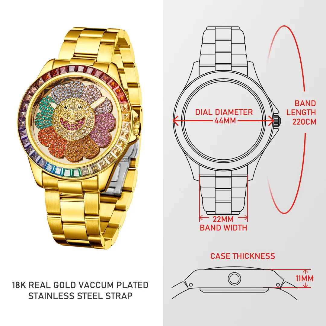 Specials Watch For Men Unique Sunflower Rotating Dial Stainless Steel Wristwatch Personalized Hip Hop Bling Diamond Watches Man