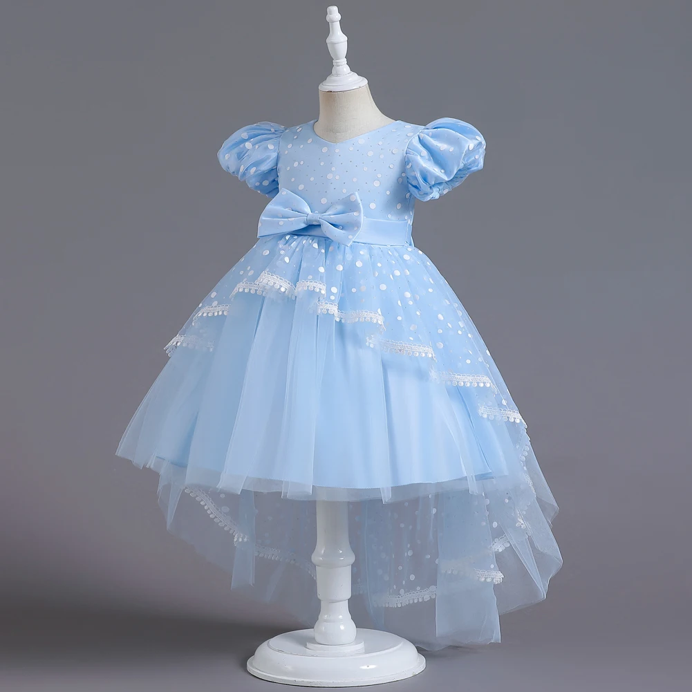 Blue Polka-Dot Kids Princess Dress For Girls Ages 3 to 8 Year Bubble Sleeve Party Dress Elegant Party Princess Train Kids Dress