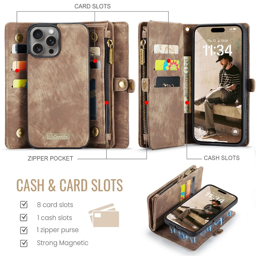 Odpinane etui portfelowe 2w1 z ekoskóry do iPhone 17 16e 16 15 14 13 12 11 Pro Max Xs Xr 7 8 Plus SE iPhone17 Air 18 z magnesem — zdjęcie produktu 3
