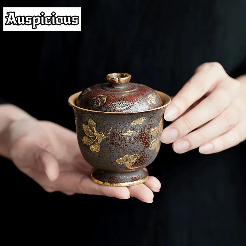 

120ml Handmade Rust Red Gold Dyed Spring Gaiwan Japanese Old Rock Mud Tea Bowl Tea Tureen Tea Maker Cover Bowl Teaset Craft Gift